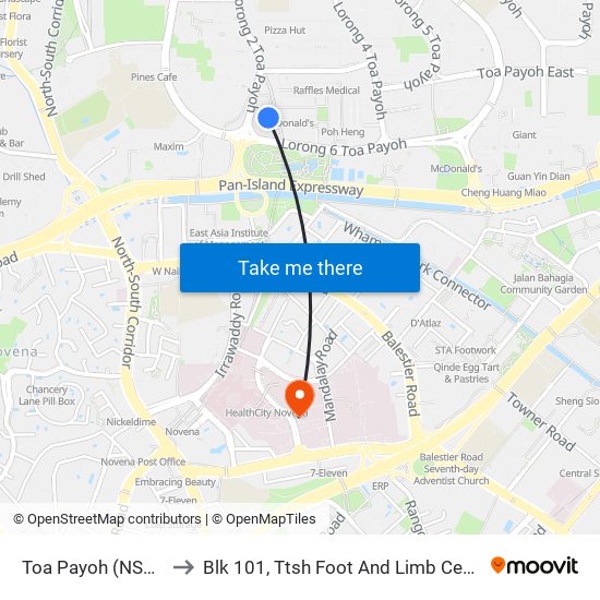 Toa Payoh (NS19) to Blk 101, Ttsh Foot And Limb Center map