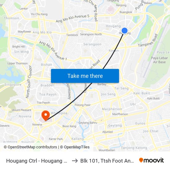Hougang Ctrl - Hougang Ctrl Int (64009) to Blk 101, Ttsh Foot And Limb Center map