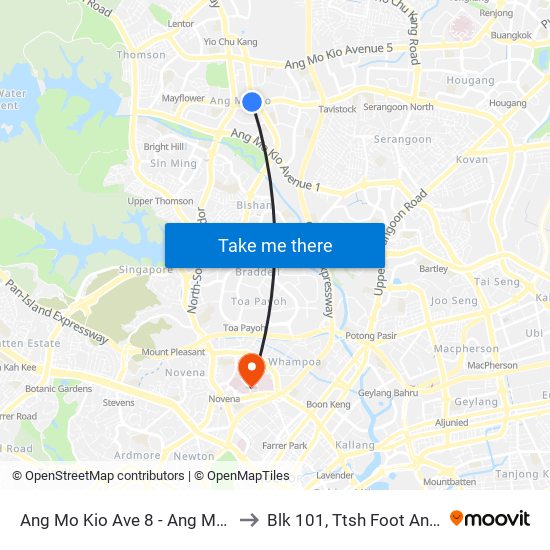 Ang Mo Kio Ave 8 - Ang Mo Kio Int (54009) to Blk 101, Ttsh Foot And Limb Center map