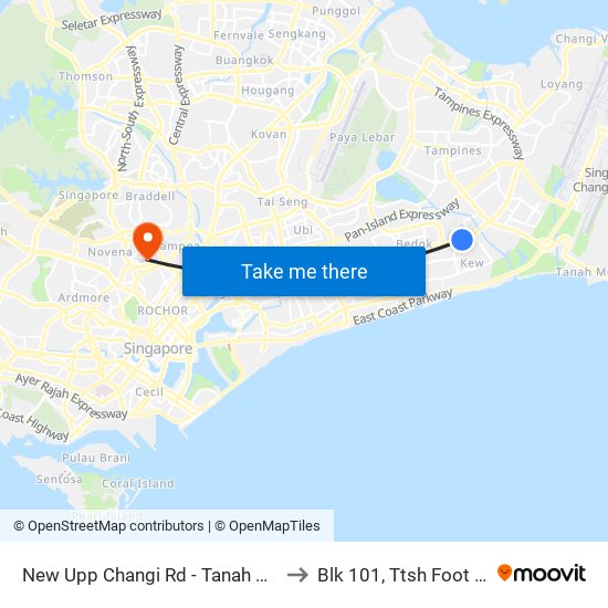 New Upp Changi Rd - Tanah Merah Stn Exit A (85099) to Blk 101, Ttsh Foot And Limb Center map