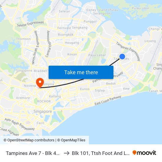 Tampines Ave 7 - Blk 401 (76191) to Blk 101, Ttsh Foot And Limb Center map