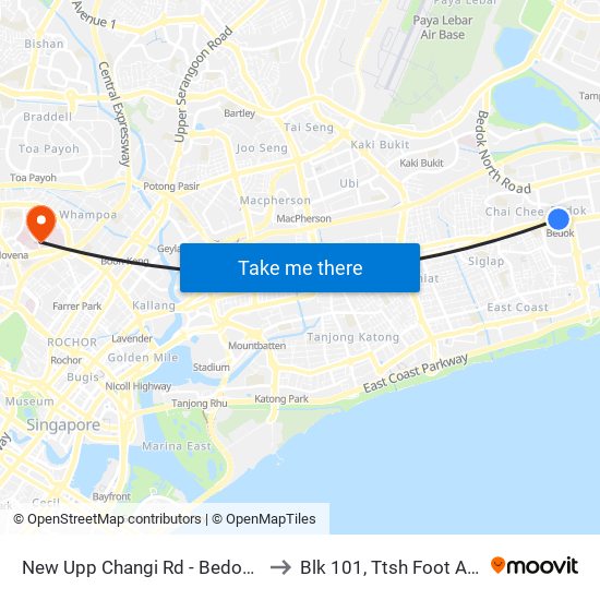 New Upp Changi Rd - Bedok Stn Exit B (84031) to Blk 101, Ttsh Foot And Limb Center map