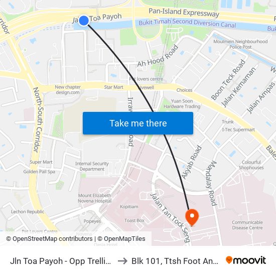 Jln Toa Payoh - Opp Trellis Twrs (52079) to Blk 101, Ttsh Foot And Limb Center map