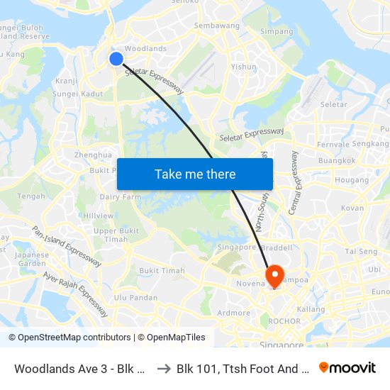 Woodlands Ave 3 - Blk 402 (46491) to Blk 101, Ttsh Foot And Limb Center map