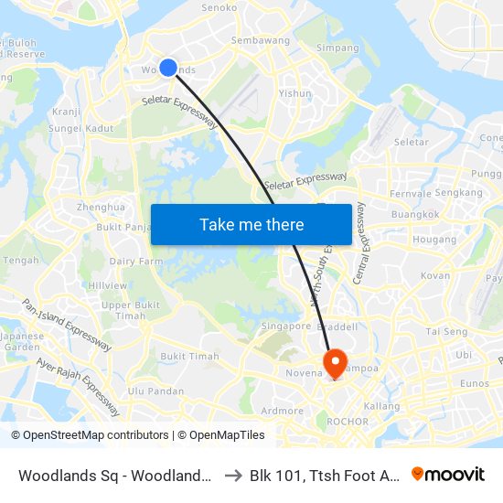 Woodlands Sq - Woodlands Temp Int (47009) to Blk 101, Ttsh Foot And Limb Center map