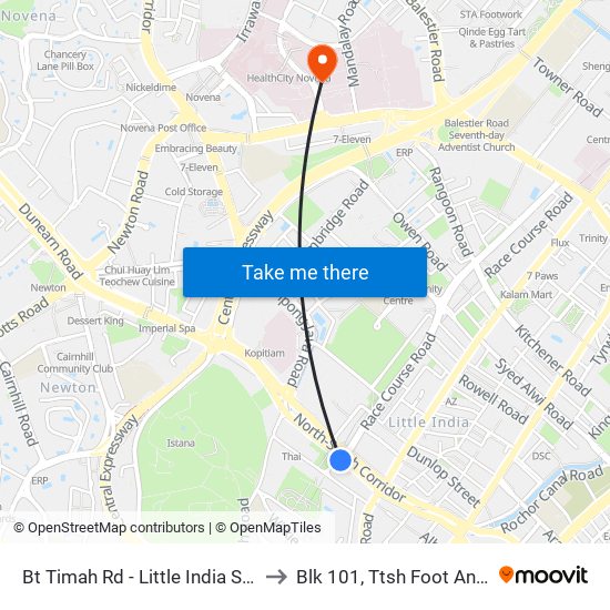 Bt Timah Rd - Little India Stn Exit A (40011) to Blk 101, Ttsh Foot And Limb Center map
