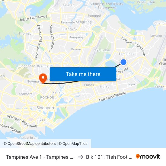 Tampines Ave 1 - Tampines West Stn Exit B (75051) to Blk 101, Ttsh Foot And Limb Center map