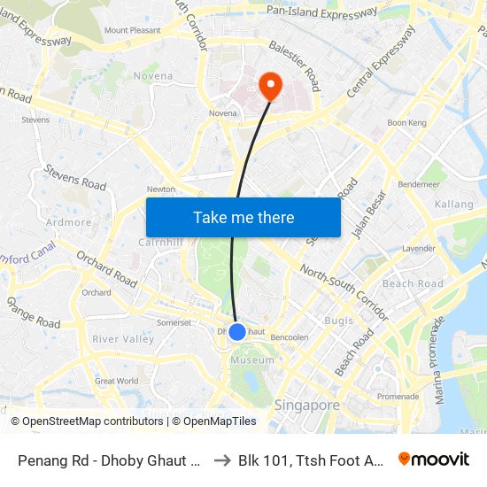 Penang Rd - Dhoby Ghaut Stn Exit B (08031) to Blk 101, Ttsh Foot And Limb Center map