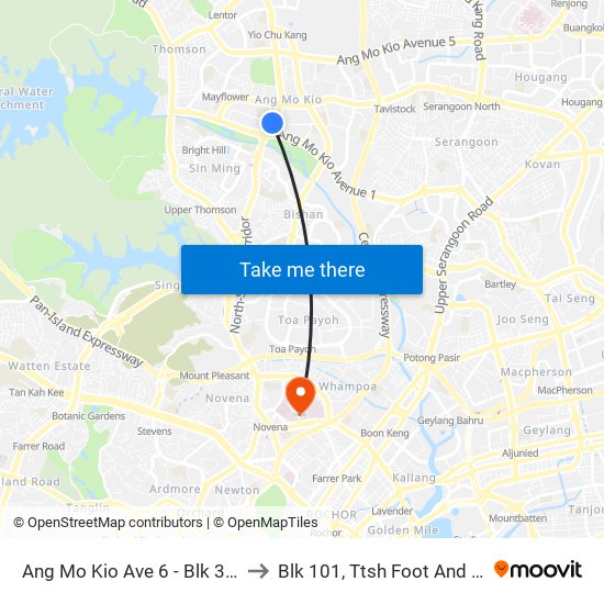 Ang Mo Kio Ave 6 - Blk 307a (54019) to Blk 101, Ttsh Foot And Limb Center map