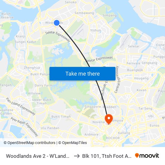 Woodlands Ave 2 - W'Lands Stn Exit 5 (46631) to Blk 101, Ttsh Foot And Limb Center map