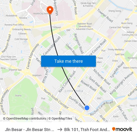 Jln Besar - Jln Besar Stn Exit A (07529) to Blk 101, Ttsh Foot And Limb Center map