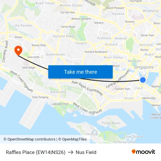 Raffles Place (EW14|NS26) to Nus Field map
