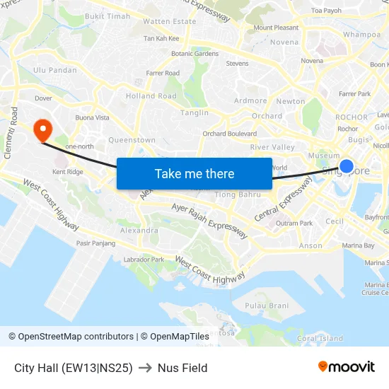 City Hall (EW13|NS25) to Nus Field map