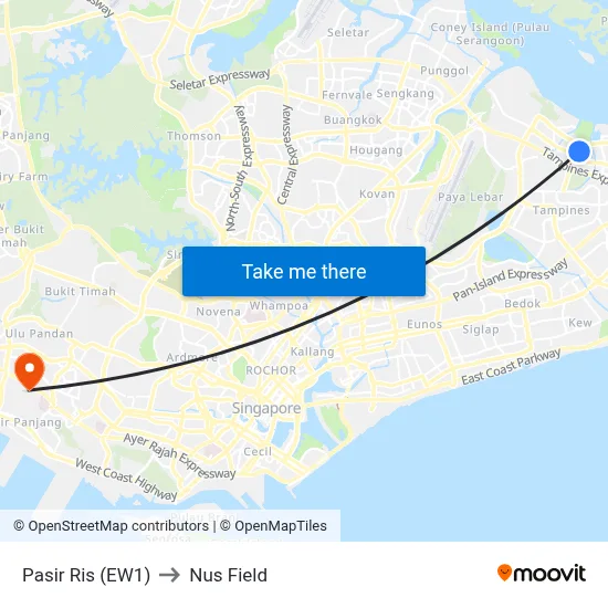 Pasir Ris (EW1) to Nus Field map