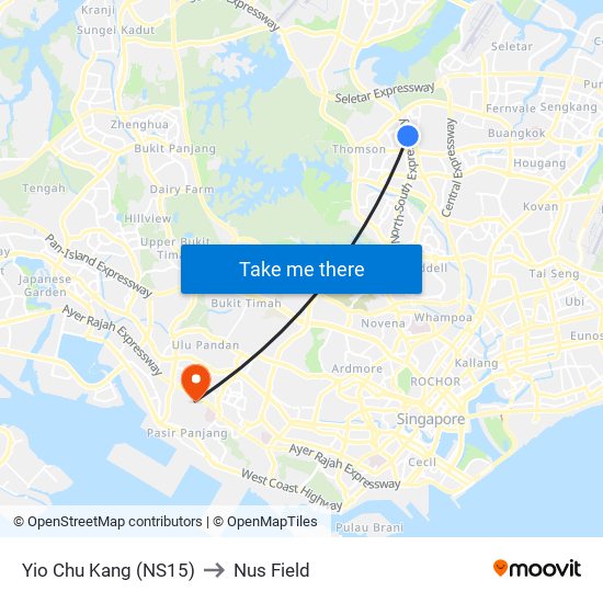 Yio Chu Kang (NS15) to Nus Field map