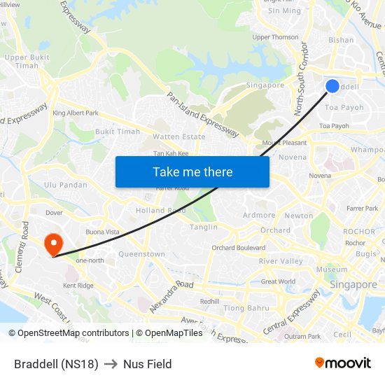 Braddell (NS18) to Nus Field map