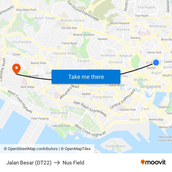 Jalan Besar (DT22) to Nus Field map