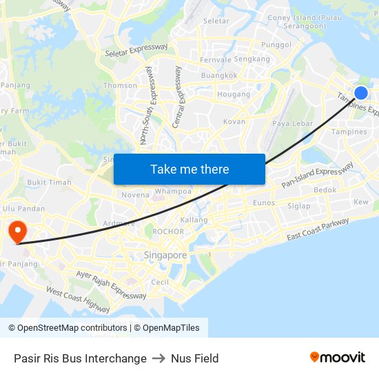 Pasir Ris Bus Interchange to Nus Field map