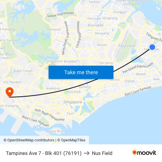 Tampines Ave 7 - Blk 401 (76191) to Nus Field map