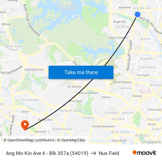 Ang Mo Kio Ave 6 - Blk 307a (54019) to Nus Field map