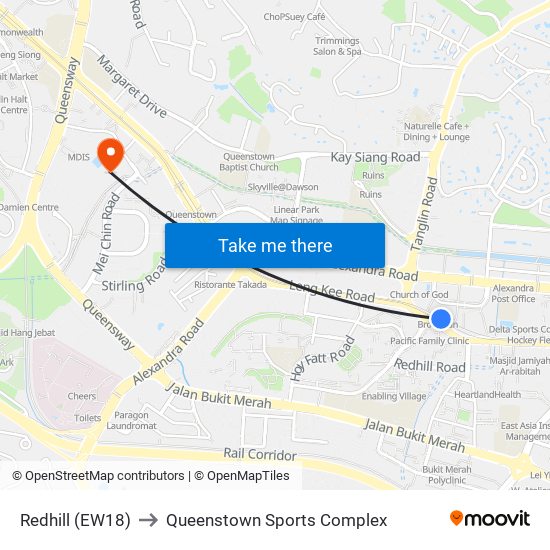 Redhill (EW18) to Queenstown Sports Complex map