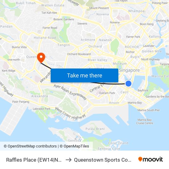Raffles Place (EW14|NS26) to Queenstown Sports Complex map