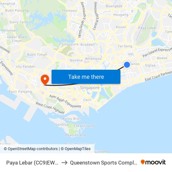 Paya Lebar (CC9|EW8) to Queenstown Sports Complex map