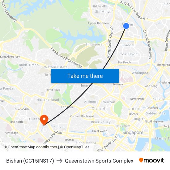 Bishan (CC15|NS17) to Queenstown Sports Complex map