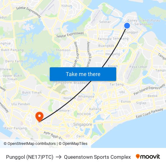 Punggol (NE17|PTC) to Queenstown Sports Complex map