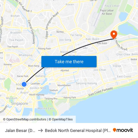 Jalan Besar (DT22) to Bedok North General Hospital (Planning) map