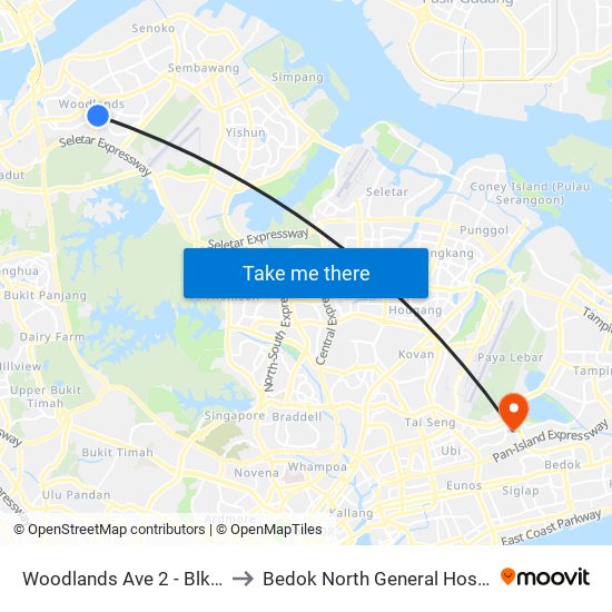 Woodlands Ave 2 - Blk 511 (46331) to Bedok North General Hospital (Planning) map