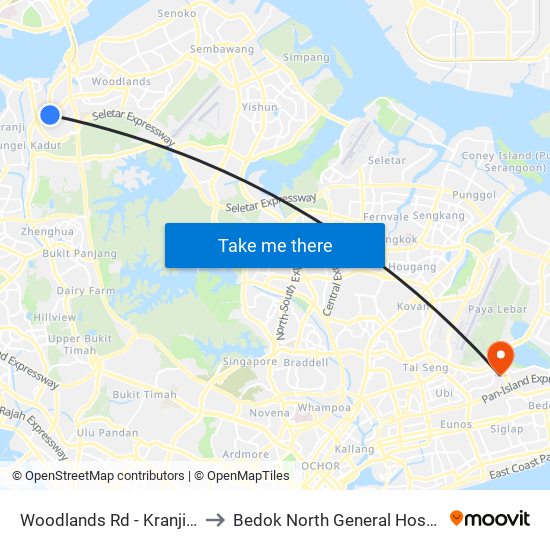 Woodlands Rd - Kranji Stn (45139) to Bedok North General Hospital (Planning) map