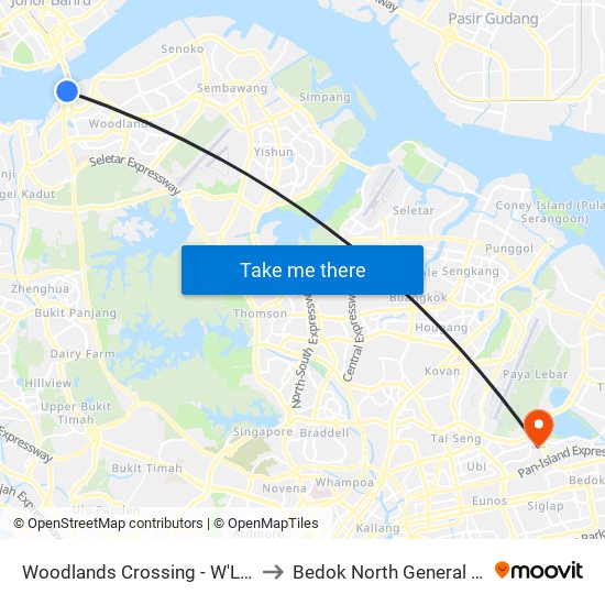 Woodlands Crossing - W'Lands Checkpt (46109) to Bedok North General Hospital (Planning) map