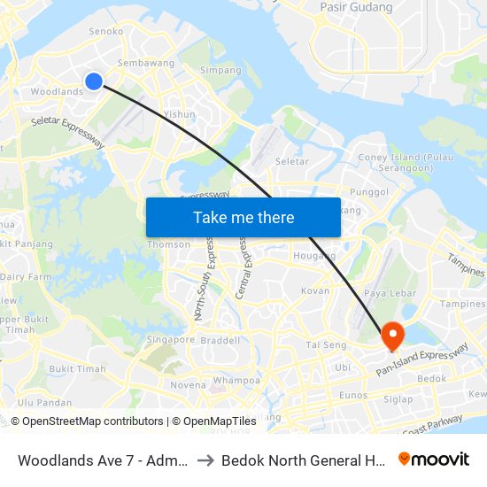 Woodlands Ave 7 - Admiralty Stn (46779) to Bedok North General Hospital (Planning) map