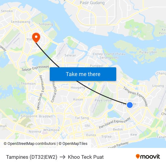 Tampines (DT32|EW2) to Khoo Teck Puat map