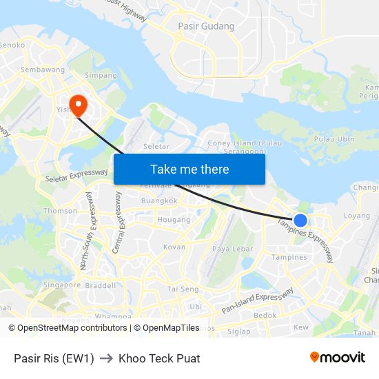 Pasir Ris (EW1) to Khoo Teck Puat map