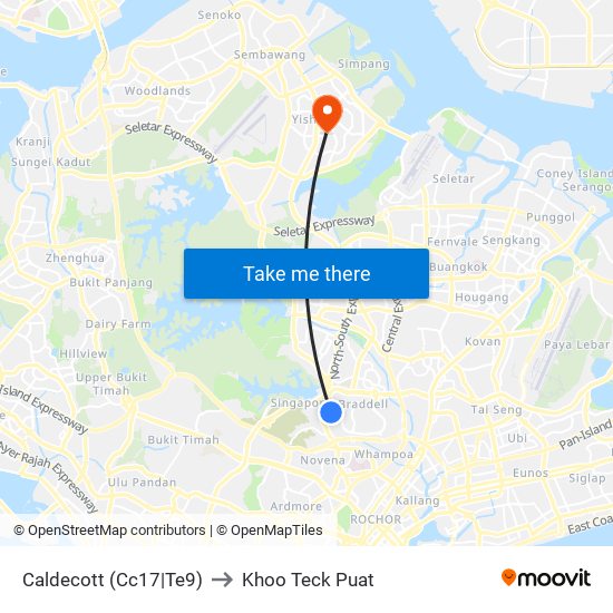 Caldecott (Cc17|Te9) to Khoo Teck Puat map