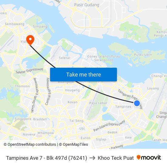 Tampines Ave 7 - Blk 497d (76241) to Khoo Teck Puat map