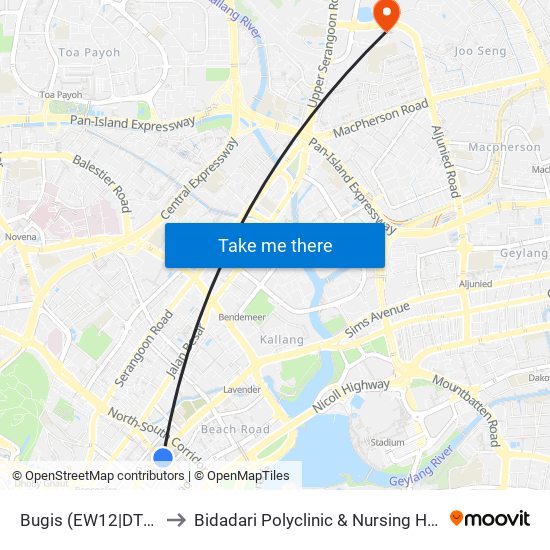 Bugis (EW12|DT14) to Bidadari Polyclinic & Nursing Home map