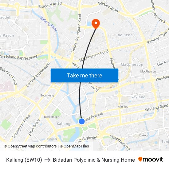 Kallang (EW10) to Bidadari Polyclinic & Nursing Home map