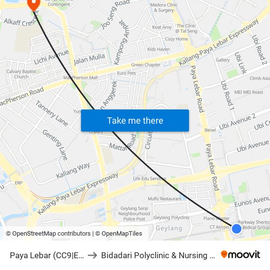 Paya Lebar (CC9|EW8) to Bidadari Polyclinic & Nursing Home map