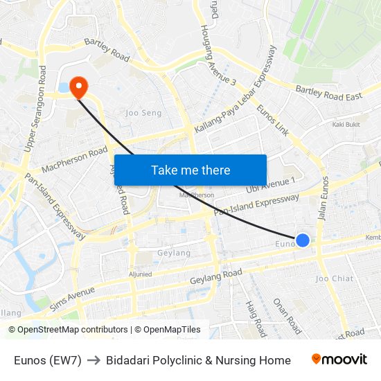 Eunos (EW7) to Bidadari Polyclinic & Nursing Home map