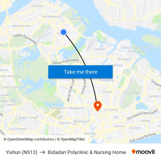Yishun (NS13) to Bidadari Polyclinic & Nursing Home map