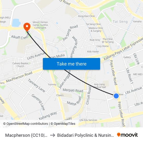 Macpherson (CC10|DT26) to Bidadari Polyclinic & Nursing Home map