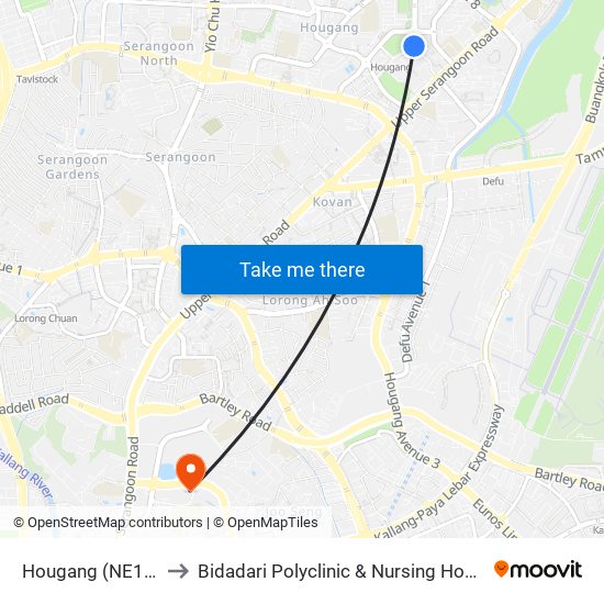 Hougang (NE14) to Bidadari Polyclinic & Nursing Home map