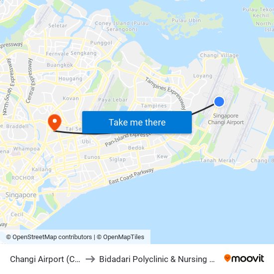 Changi Airport (CG2) to Bidadari Polyclinic & Nursing Home map