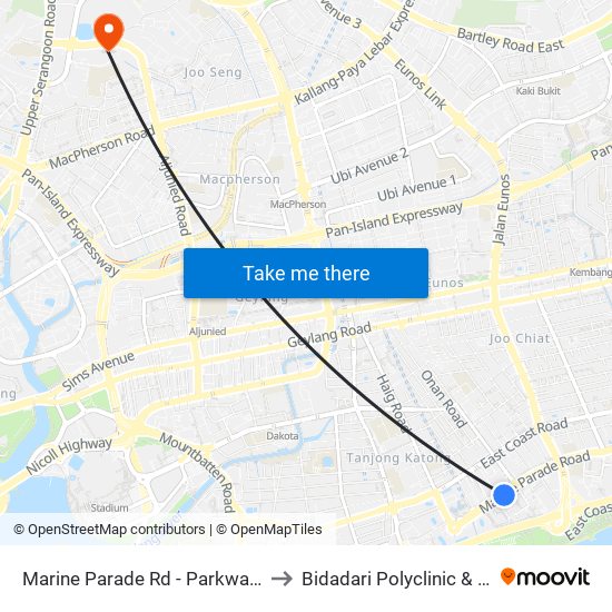 Marine Parade Rd - Parkway Parade (92049) to Bidadari Polyclinic & Nursing Home map