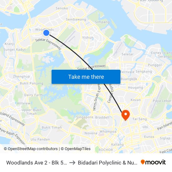 Woodlands Ave 2 - Blk 511 (46331) to Bidadari Polyclinic & Nursing Home map