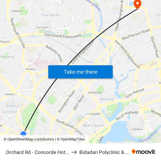 Orchard Rd - Concorde Hotel S'Pore (08138) to Bidadari Polyclinic & Nursing Home map