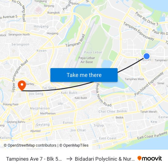 Tampines Ave 7 - Blk 503 (76199) to Bidadari Polyclinic & Nursing Home map